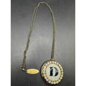 Vtg Lenora Dame Statement Rhinestone Gold Tone D Locket Pendant Necklace